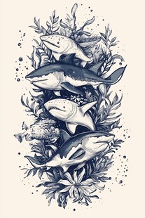 海洋鱼类与植物插画