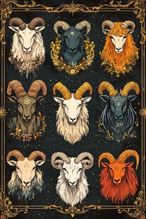 复古风多彩山羊头像插画