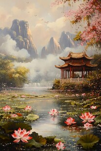 中式山水亭阁荷花美景