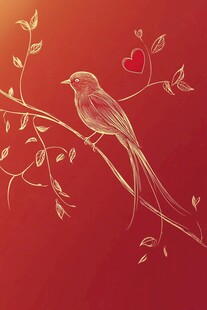 红背景上的金鸟与爱心图案