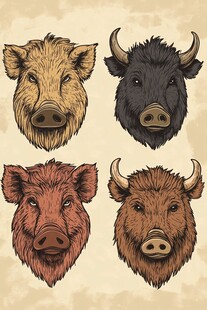 四种野猪头像插画设计