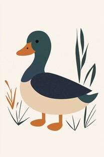 卡通绿头鸭与植物插画