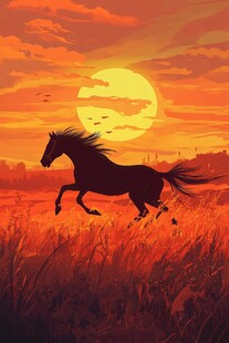 夕阳下骏马驰骋草原