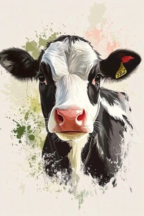 水彩风黑白花奶牛特写