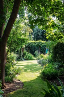 阳光洒落的静谧绿植庭院