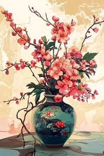 中式花瓶插满艳丽桃花