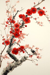 红梅枝头鸟栖图