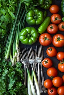 新鲜蔬菜与餐具的美味组合