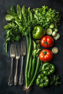 新鲜蔬菜与餐具的组合展示