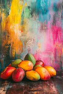 多彩背景下的缤纷芒果堆