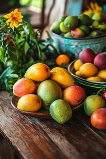 木桌上多彩新鲜的芒果