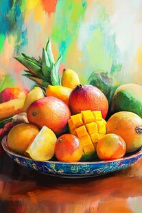 多彩水果盘油画