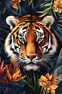 丛林猛虎花卉环绕图