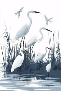 白鹭栖于水边芦苇间