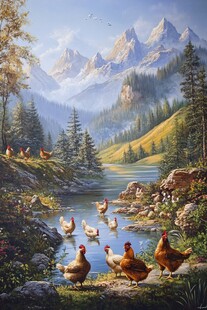 山间湖畔的鸡群悠然景象