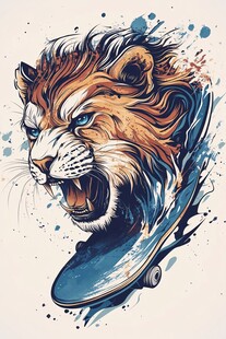 咆哮狮头与滑板艺术插画
