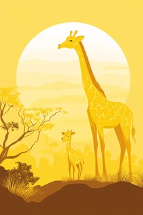 夕阳下的长颈鹿母子