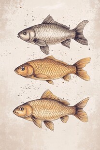 三条金鱼的复古风插画