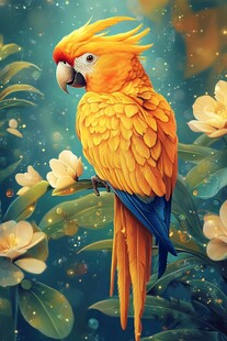 金黄鹦鹉栖于繁花绿叶间