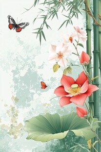 荷竹蝶趣图