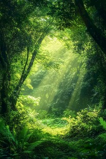 阳光穿透茂密森林的奇幻景象