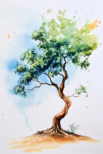 水彩绘就的弯曲生机之树