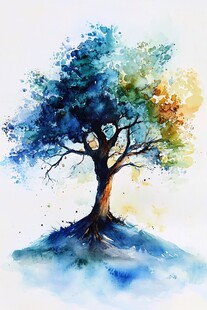 水彩绘树 梦幻色彩的自然之美