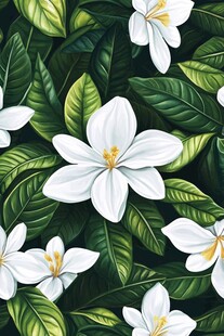 纯白栀子与翠绿叶片图案