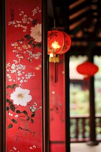 中式红墙花卉与红灯笼