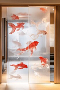 玻璃上灵动的金鱼装饰画