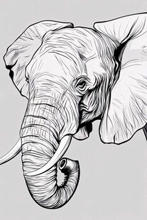大象黑白手绘头部特写