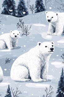 雪地中的北极熊家族图景