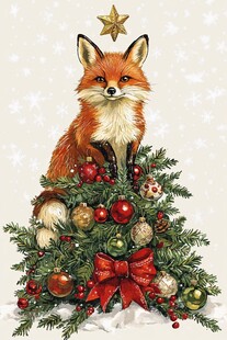 狐狸立于圣诞树上的温馨画面
