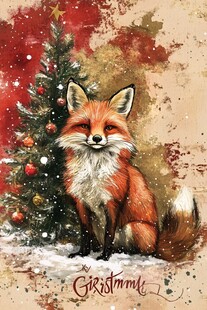圣诞树下的可爱红狐