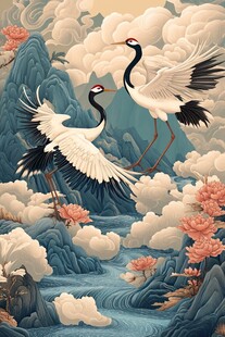 双鹤翔于山水云雾间