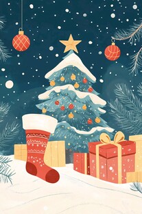 圣诞夜温馨雪景与礼物