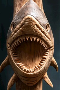 木雕鲨鱼头 细节精湛