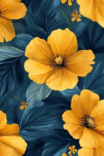 黄花朵与绿叶的绚丽图案