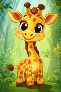 可爱长颈鹿漫步绿色丛林