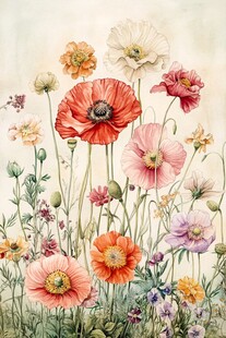 多彩虞美人花卉水彩画