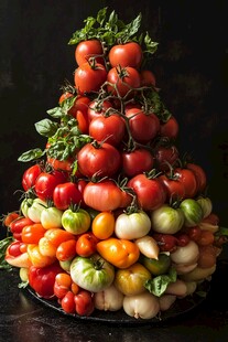 番茄堆叠成的多彩蔬果塔