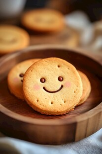 笑脸饼干摆放在木碗中