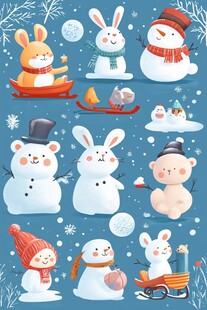 冬日萌趣动物与雪人聚会