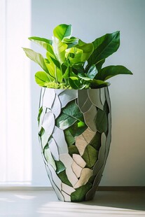 马赛克花盆中的翠绿植物