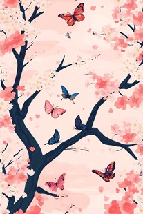 樱花枝头蝶舞浪漫图景