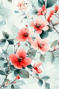 水墨风盛开的娇艳红花朵