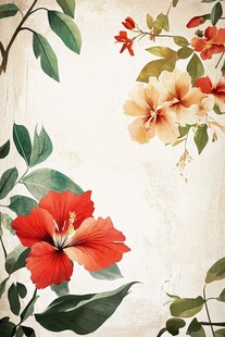 复古风扶桑花绿叶插画