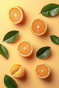 橙色背景上的鲜橙与绿叶