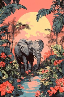 大象漫步于热带花卉丛林