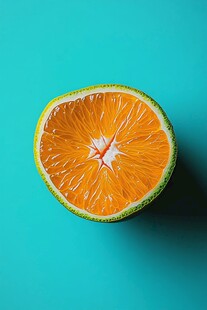 半个鲜橙置于蓝绿色背景